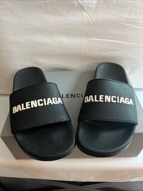 Balenciaga Black Slides with White Logo
